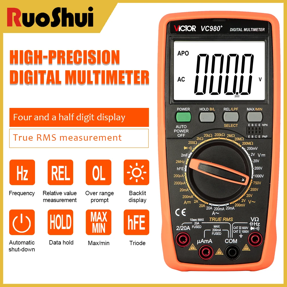 

Victor 980+ High-Precision Digital Multimeter 19999 Counts 1000V 20A AC/DC Frequency Testing Meter Intelligent Triode Tester