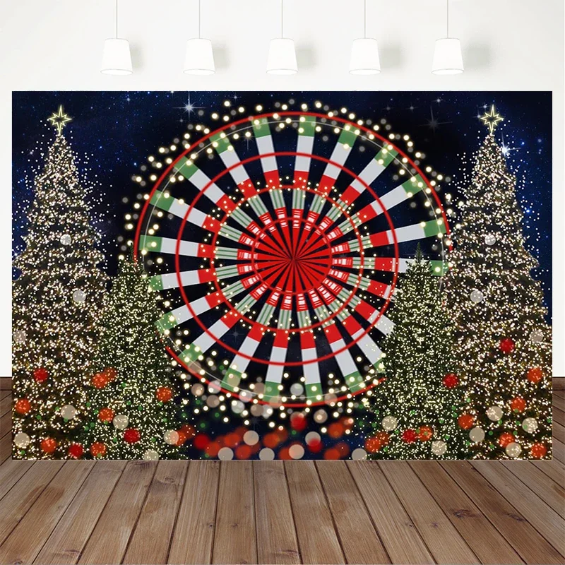 Mocsicka Christmas Decoration Photography Background Xmas Tree Shine Light Night Sky Star Round Ferris Wheel Photo Backdrop Prop