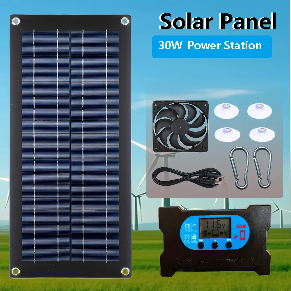 Solar Panel 12V Solar Battery 10A-100A Controller Solar Panel 30W Mobile Phone Charger Outdoor Battery Power Supply Solar Fan