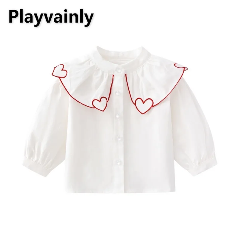 

New Spring Autumn Girls White Shirts Love Heart Turn-down Collar Puff Long Sleeve Single Breasted Tops Children Clothes A0529