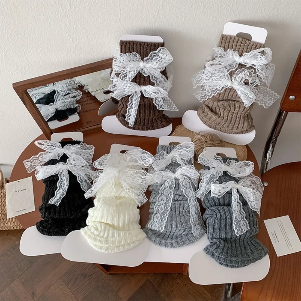 Lace Trim Knit Leg Warmers Knit Design Slouchy Fit Ruffled Leg Covers Bow Detail Ruffled Trim Slouch Socks Fall Season