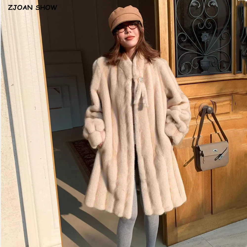 

New Winter Embossing Stripes Line Pattern Faux Mink Fur Coat CHIC Women Stand Collar Long Lantern Sleeve Midi Outerwear Warm