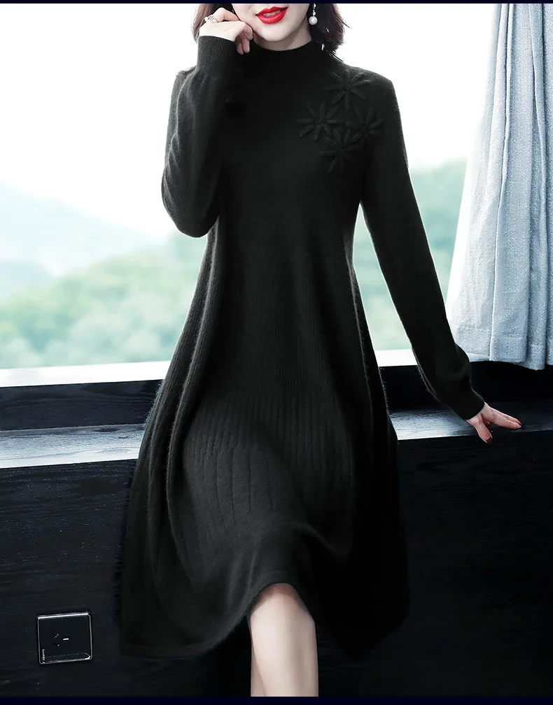 

2024 Autumn Winter New Women Sweater Dress Mid-Calf Long Chic Female Dresses A-Line Embroidered Wool Knitted Dresses A292