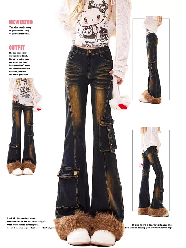 

Kpop Sheath High Waist Flared Jeans 2000s Hight Street Retro Y2K Pants Women's Harajuku Vintage Slim Light Blue Denim Trouser