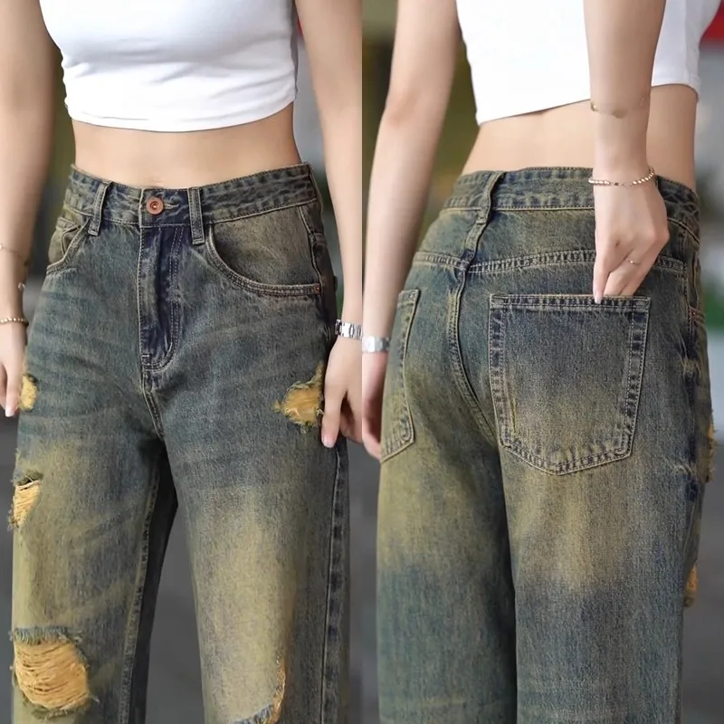 

Мужские джинсы свободного кроя прямого кроя из смесового хлопка в стиле ретро: желтые, синие, деним, модные, повседневные