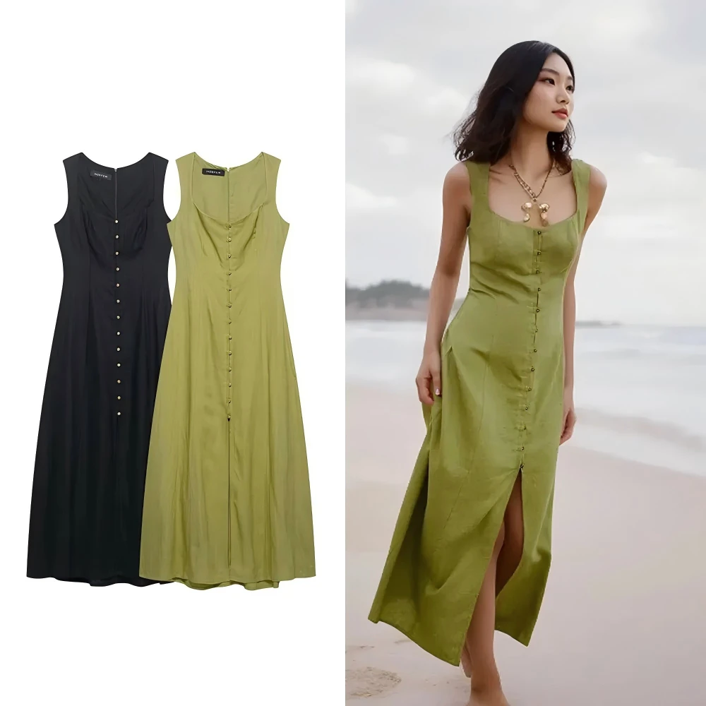 

sansheng women Solid Linen Back Zipper Summer Dress Square Collar Sleeveless Female Elegance Chic Lady Long DressesLinen midi