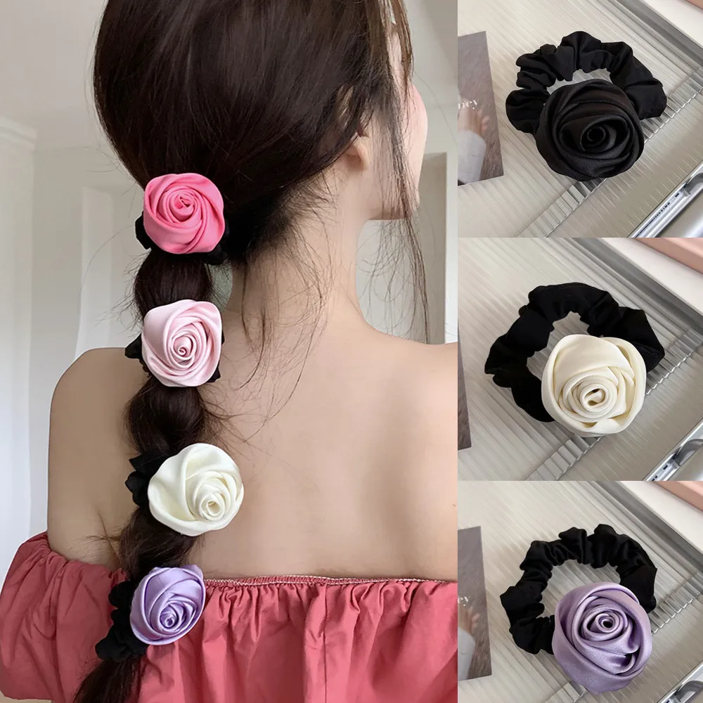 Chouchous à fleurs roses coréennes, ULà cheveux à haute élasticité, élastique pour queue de cheval, vêtements de sauna, coiffure en tissu, accessoires pour cheveux