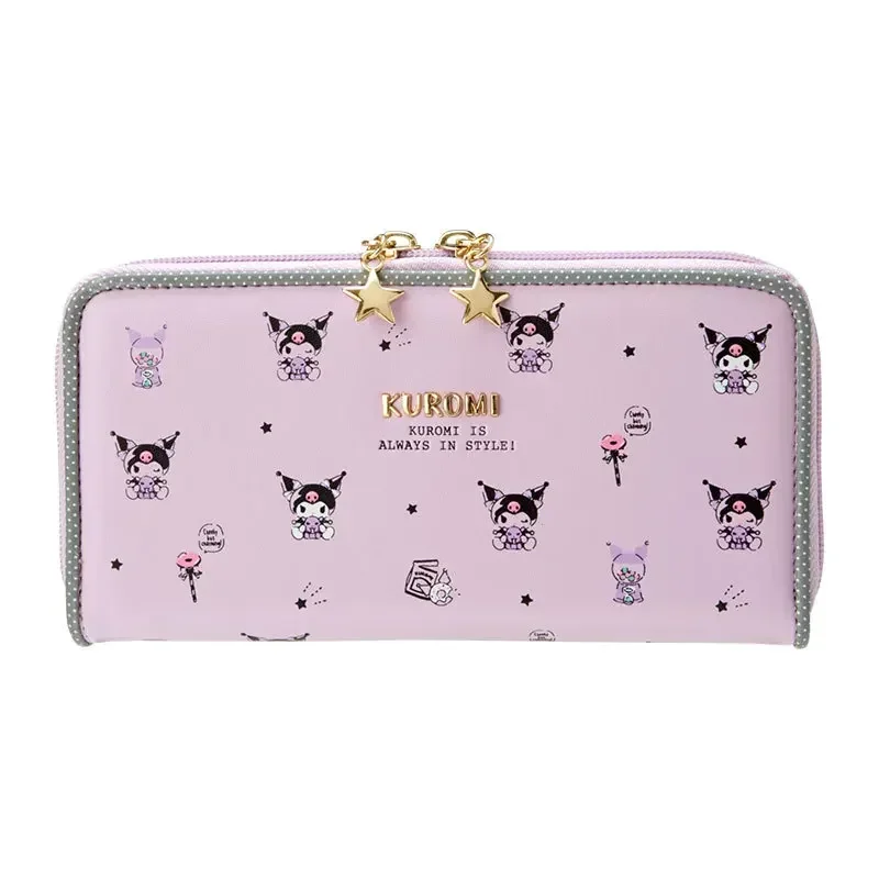 Hello Kitty Women's Long Purse Sanrio Cinnamoroll Kuromi Mymelody Fashion Cartoon Girl Leather Zipper Decorated Boutique Wallet