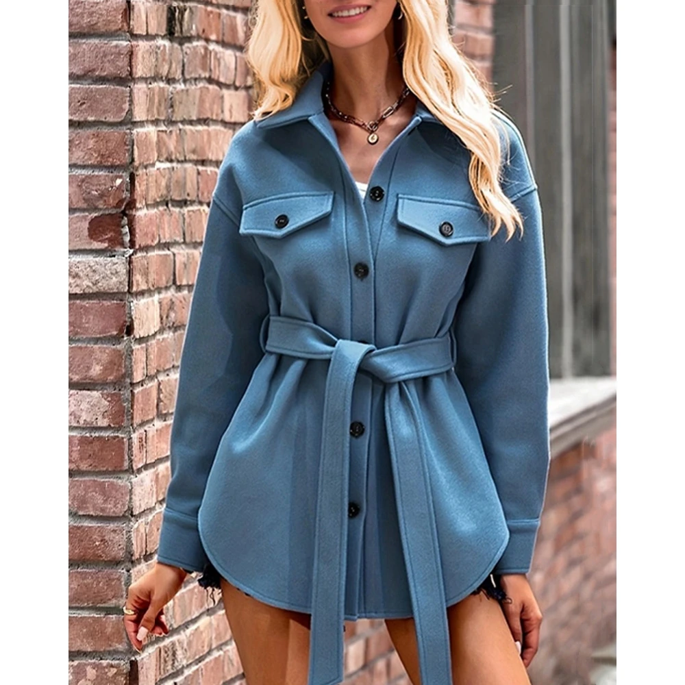 

Autumn Women Solid Single Breasted Short Trench Coat With Belt Pocket Design Femme Turn-down Collar Casual Asymmetric Hem Coat