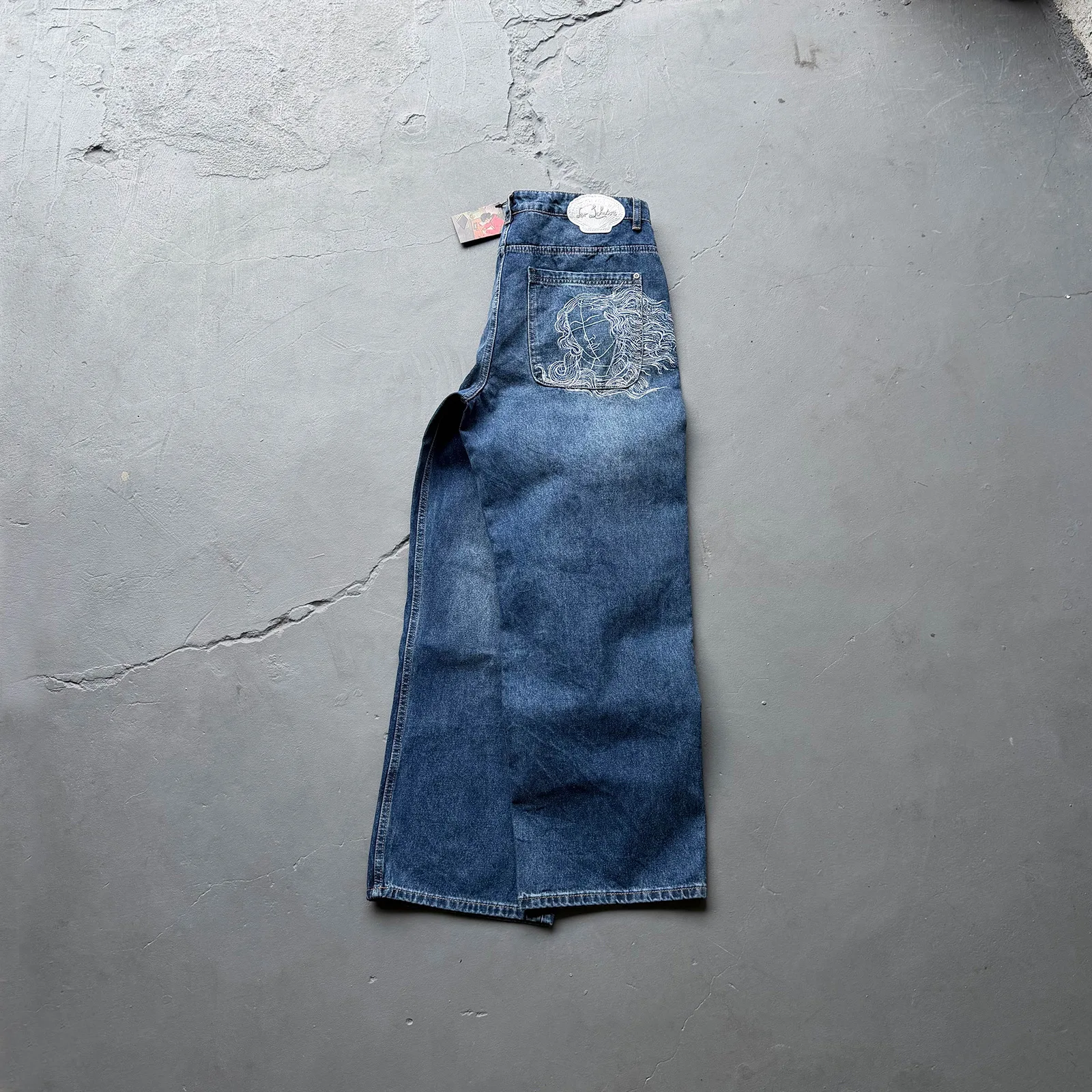 Derschutze High-Quality Heavy-Duty Embroidered Goddess Distressed Washed Straight-Leg Jeans Men's Streetwear Pants