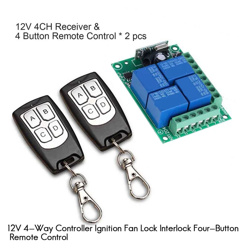 

N75R-2X Universal Wireless Remote Control Switch DC 12V 4CH Relay Receiver Module With 4 Channel RF Remote 433Mhz Transmitter