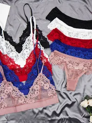 Women's Ultra-thin Cup Mesh Lace Underwear Set Transparent Bras Beauty Back Hollow Embroidery Bra & Brief Sets