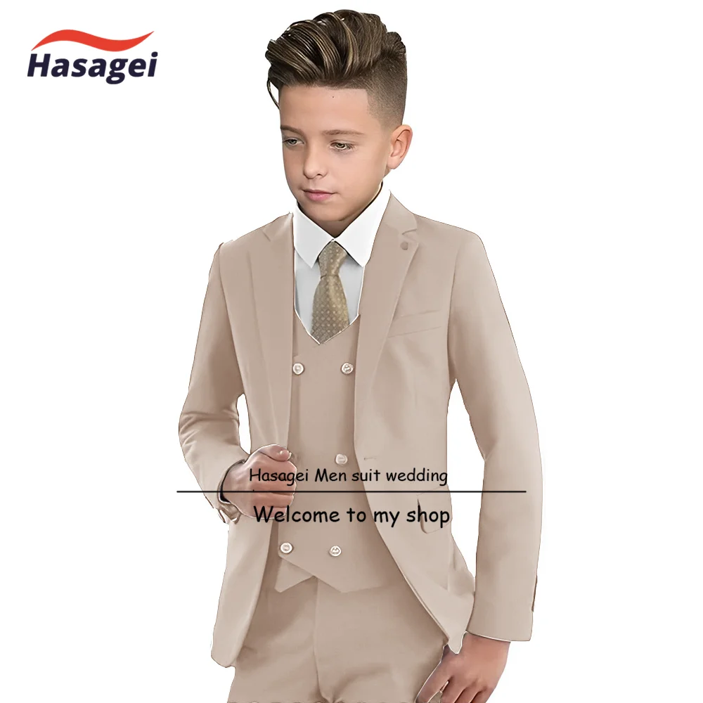 Traje Beige Formal para niños, chaqueta de esmoquin para boda, pantalones, chaleco, Blazer ajustado, 2 a 16 años, 3 piezas