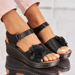 Sandals Fashion Flower Wedge Slope Heel Sandals Summer Casual Solid Colour Breathable Flip Flops Sandals Beach Shoes2024