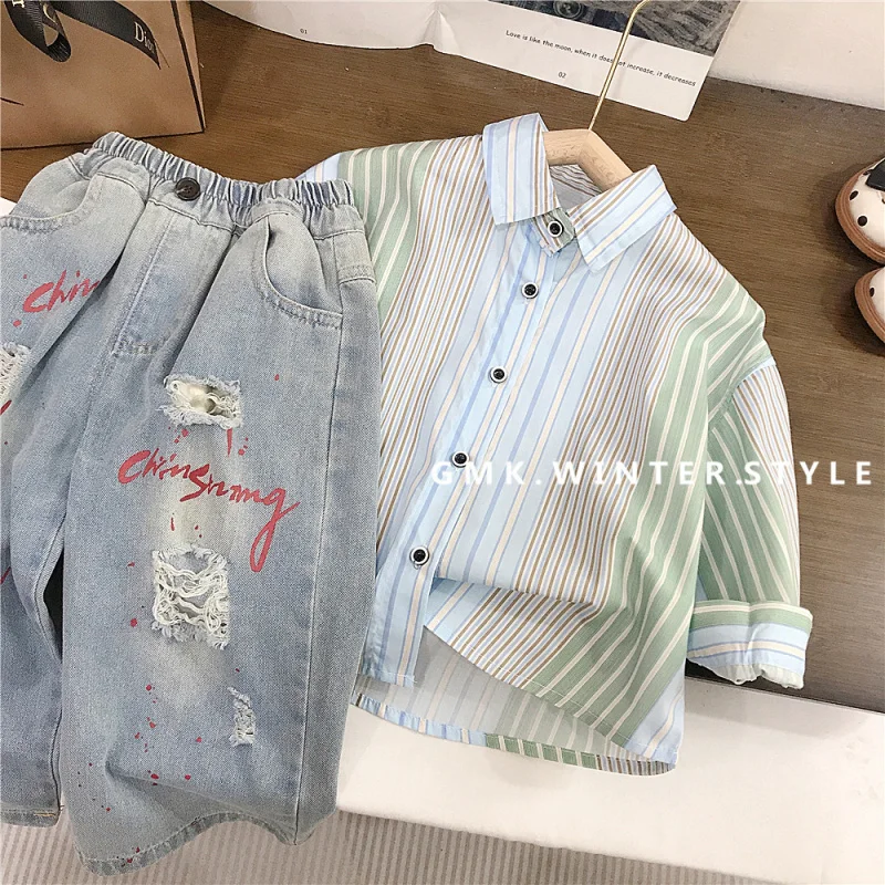 Boys and Girls Spring Outfit Shirt Set New Children's Striped Long Sleeve Shirt Top Ripped Jeans Trendy