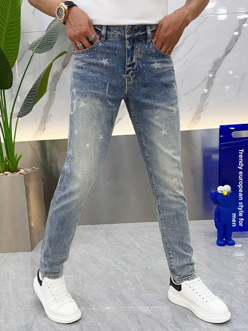 

Light Blue Men's Jeans Summer Casual Slim Fit Long Pants Faionable Printed Diamond Studded Thin Denim Youth ular