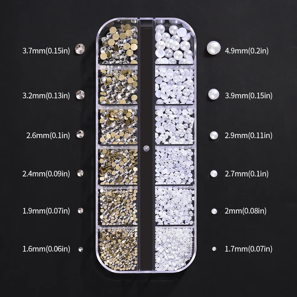 12 Griglia (1,7-5 mm) 3D Perle bianche semicircolari Ciondoli per unghie 1.6-3,7 mm Vetro con retro piatto Rotondo Strass per unghie Gemme per unghie lucide per manicure