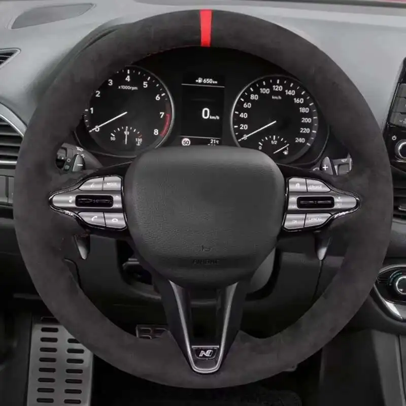 

Для Hyundai Veloster N 2019-2021 i30 N 2018 2019 2020 индивидуальный нескользящий черный замшевый кожаный чехол на руль автомобиля