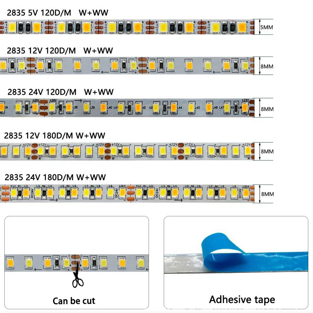 5V 12V 24V 2835 CCT LED Strip Dual Color Warm White +Cool White 3000K-6000K LED Tape 120 180 240LED/M led flexible light strip