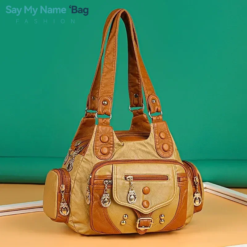 Vintage Large Capacity Women's Shoulder Bag with Side Pockets Anti-Theft Zipper Mom Bag Soft Polyester Lining PU Leather Materia