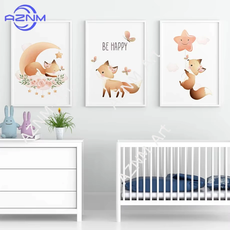 

1/3pcs Be Happy Fox Wall Art Moon Star Butterfly fCanvas Painting Nordic Posters And Prints Wall Pictures For Baby Room Decor