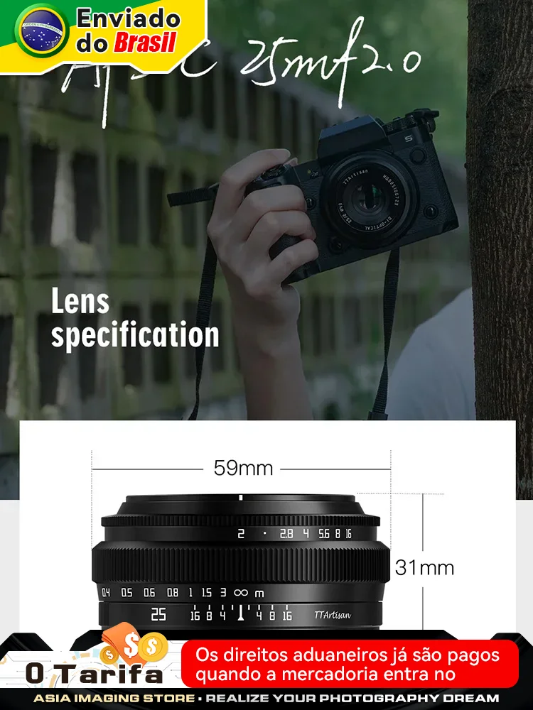 TTArtisan 25mm F2 APS-C Frame Manual Focus Prime Mirrorless Camera Lens for Sony E a6000 a6400 Fuji XT30 XT4 XS10  M43 M4/3 25 2