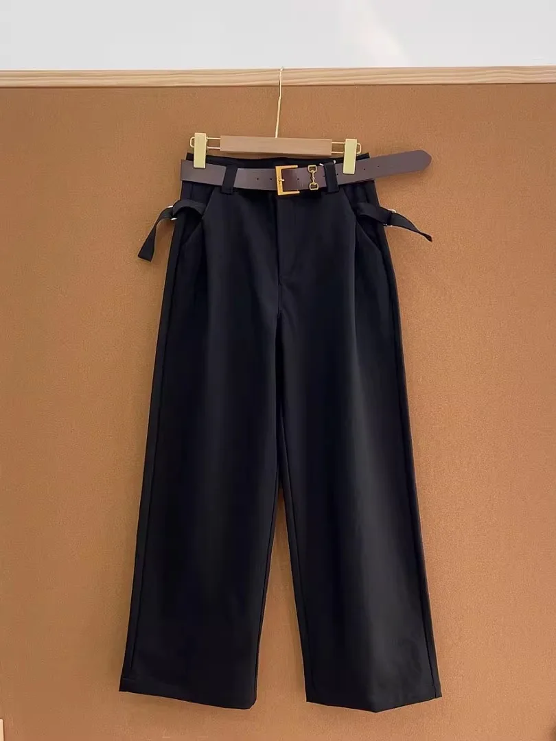 

High Waist Straight Leg Casual Pants Floor Length Women's plus Size European Korean Sle Belted Loose Fit Breathable