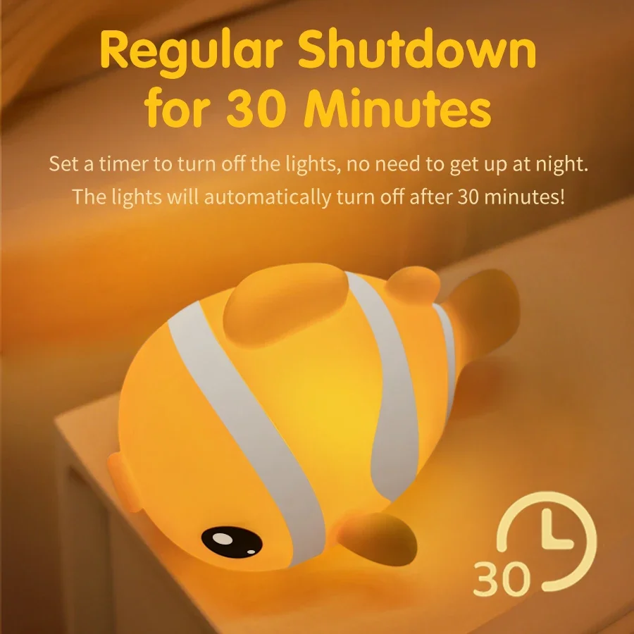 Clownfish Night Light Three-gear Dimmable Silicone Bedside Lamp for Kids Rechargeable Touch Led Nightlight for Bedroom Nursery