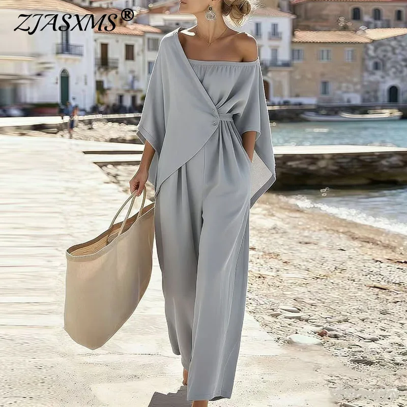 

Sexy Strapless Off Shoulder Women's Jumpsuit Spring Elegant Hollow Backless Romper Summer Batwing Sleeve Wrap Tie Waist Overalls