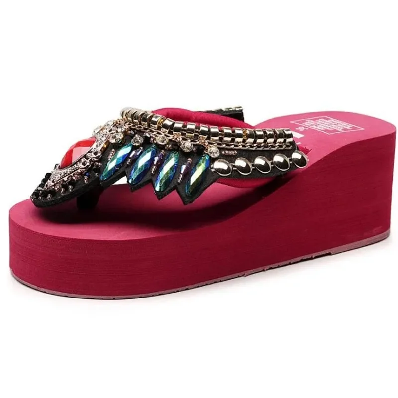 YAERNI Platform Slippers Flip-Flops Women Wedge Rhinestone Beach Super High Heel 11CM Slippers For Women Bohemian ShoesPlus Size