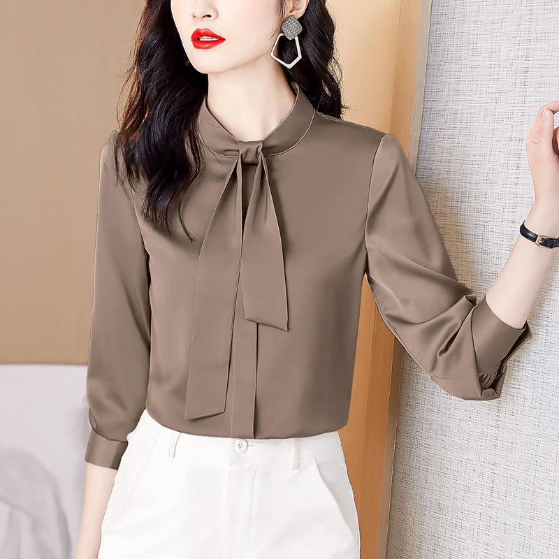 Satin Elegant Fashion Korean OL Temperament Bow Tie Blouse Top Women 2022 Autumn Solid Long Sleeve Work Wear Shirt Blusas Mujer