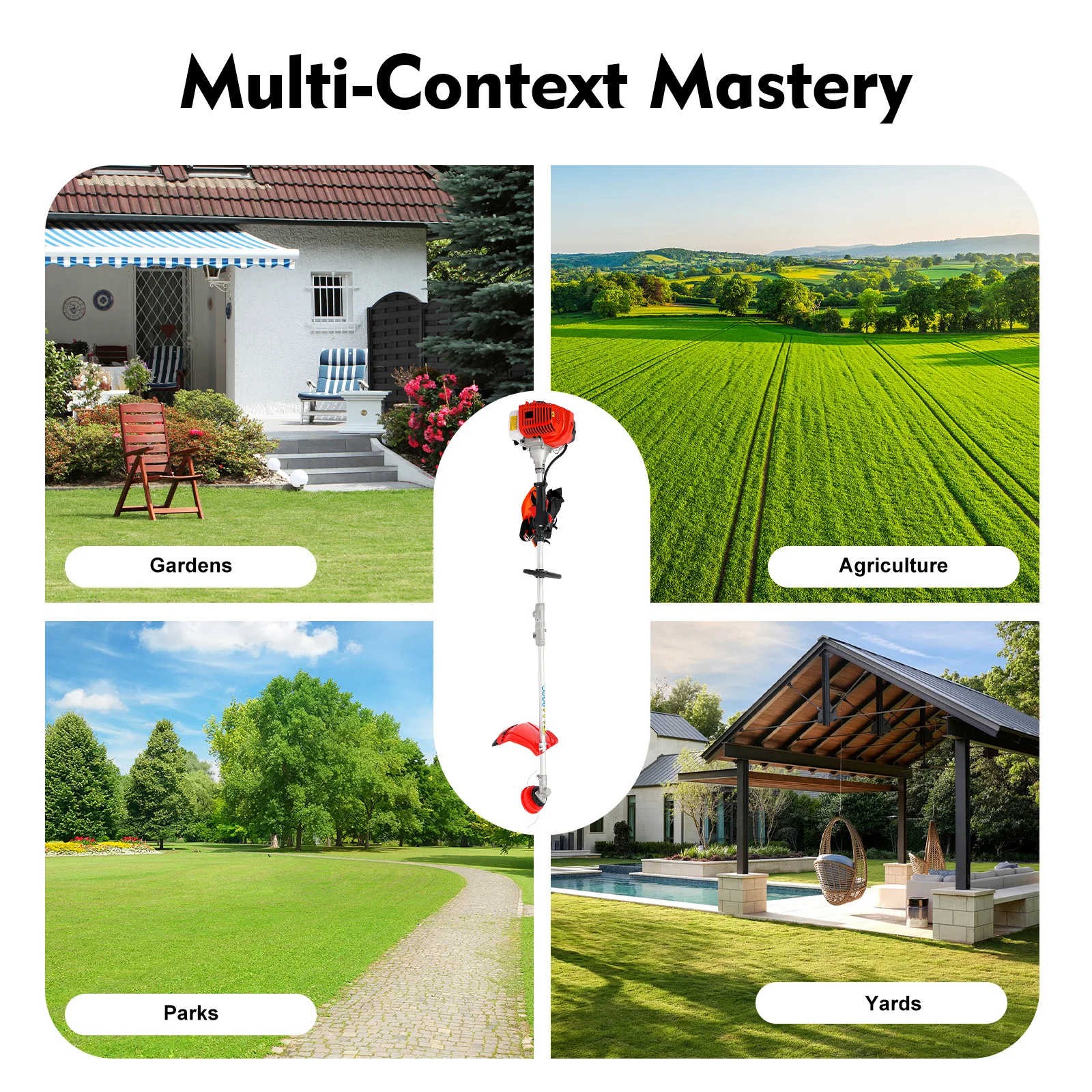 ชุดเครื่องมืออเนกประสงค์ 4 in 1 สำหรับทำสวน ประกอบด้วย กรรไกรตัดแต่งกิ่งไม้ เครื่องตัดหญ้า เลื่อยยนต์ 51.7 ซีซี 2 จังหวะ 4 กิโลวัตต์ ความกว้างการตัด 84 นิ้ว สำหรับสนามหญ้า สวน และสวนสาธารณะ