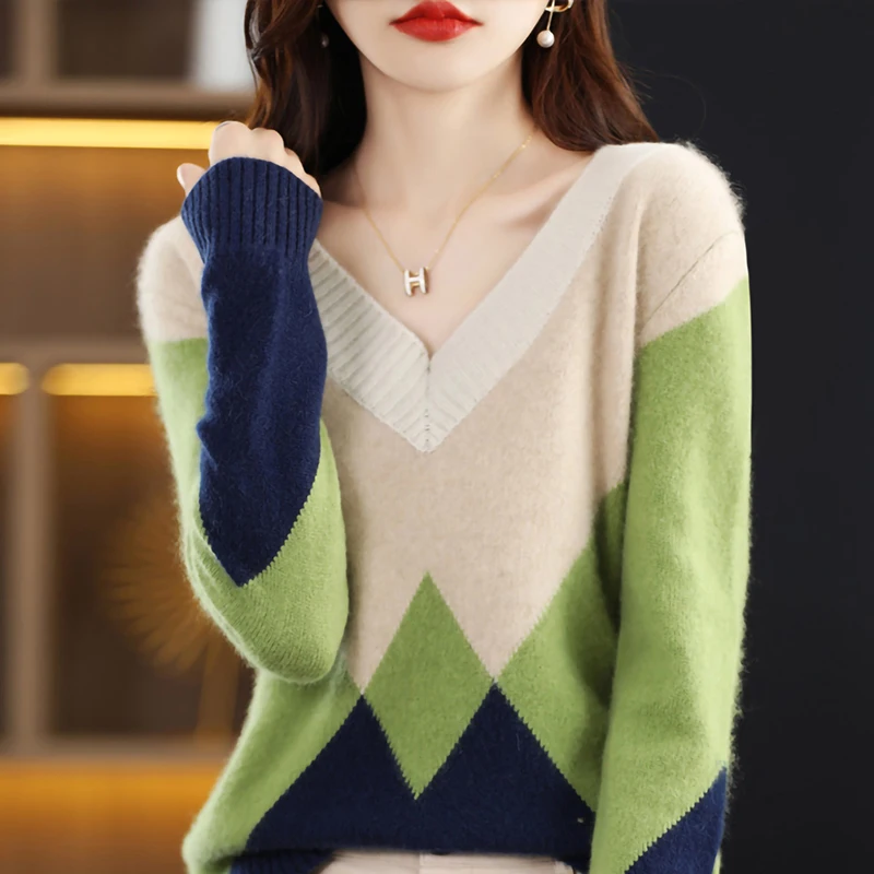 LONGMING Merino Wool Pullovers Women Sweater Cashmere Knitwears Sweater V-neck Knit Jumper Tops Clothes Korean Fashion Streewear