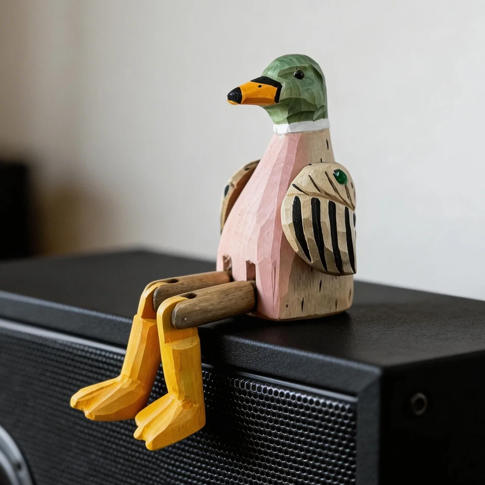 Handmade Wooden Mallard Duck Figurine with Movable Legs Duck Statue Sculpture Creative Gift Idea Desk Shelf Sitter Decor