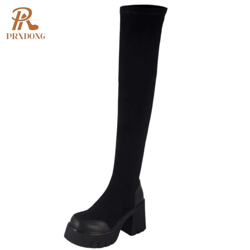 PRXDONG 2024 New Fashion Shoes Woman Over The Knee Boots Chunky High Heels Platform Black apricot Dress Casual Lady Long Boots