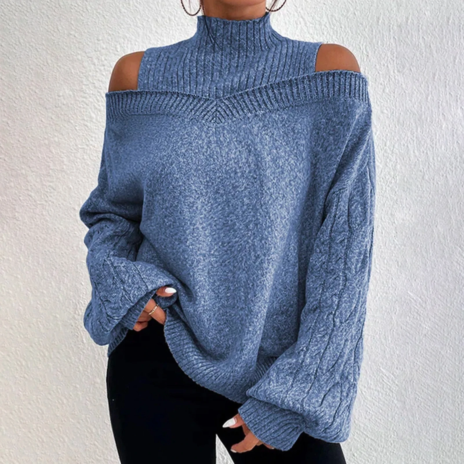 Elegant Cold Shoulder Knitted Loose Sweaters Women 2022 Autumn Winter Side Split Pullovers Streetwear Fashion Jumpers Top