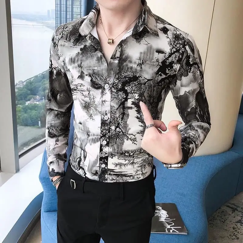 Spring Summer Korean Fashion Trend Fashion Printing Shirt Men Long Sleeve Csual All-match Blouse Homme Vintage Cardigan Top Men