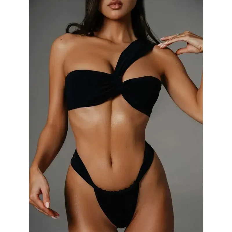 BLACK SWEET Bandeau Bikini Set 2pcs Swimsuit Women Sexy One-shoulder Backless Strap Design Low Rise Thong Strój kąpielowy Kobiety