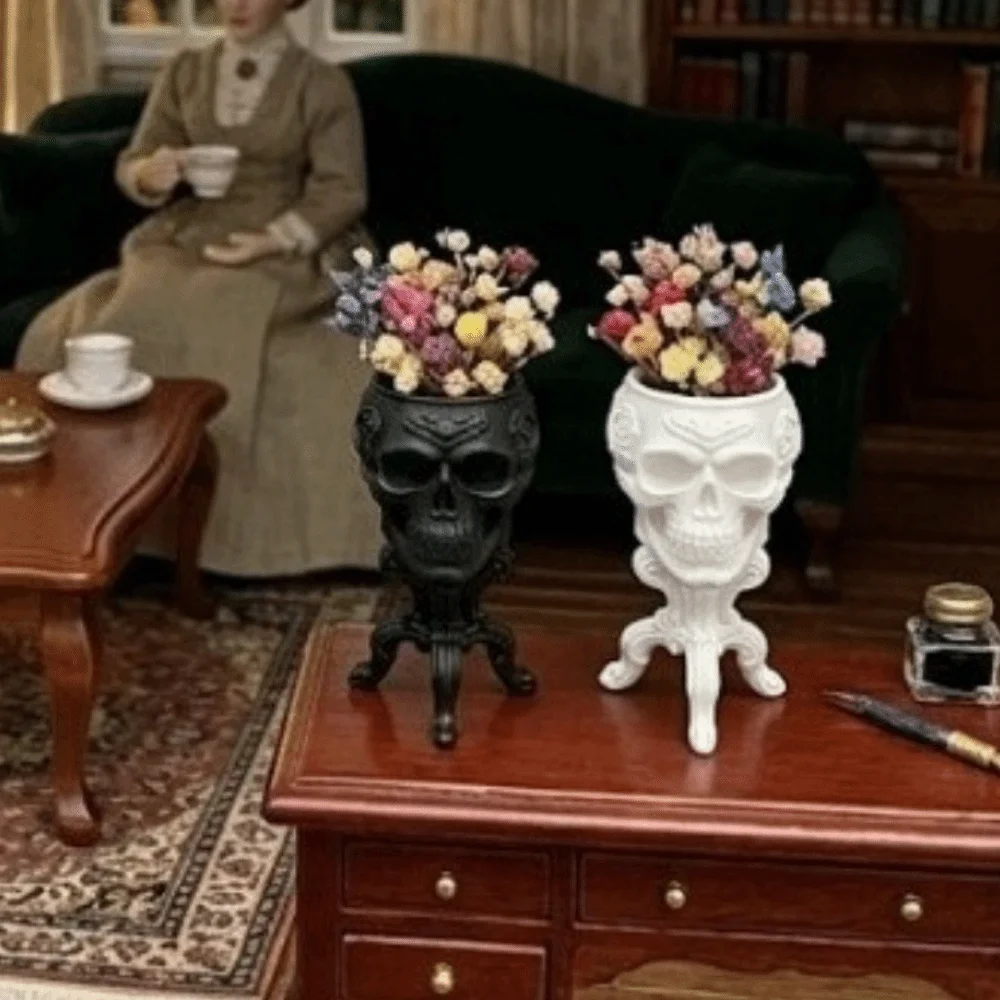 3D Printed Halloween Goblet Skull Planter Spooky Dark Vintage Carved Mini Skeleton Flower Pot Integrated Rose Patterns