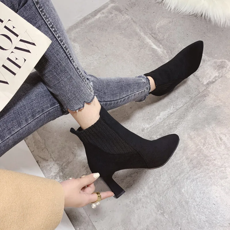 Ankle Boots Women Autumn Pointed Toe Knitted Warm Elastic Women\'s Shoes Shoes Casual High Heels Platform Boots Botas De Mujer