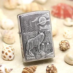 Genuine Zippo oil lighter copper windproof wire drawing forest wolf Kerosene lighters Gift anti-counterfeiting code