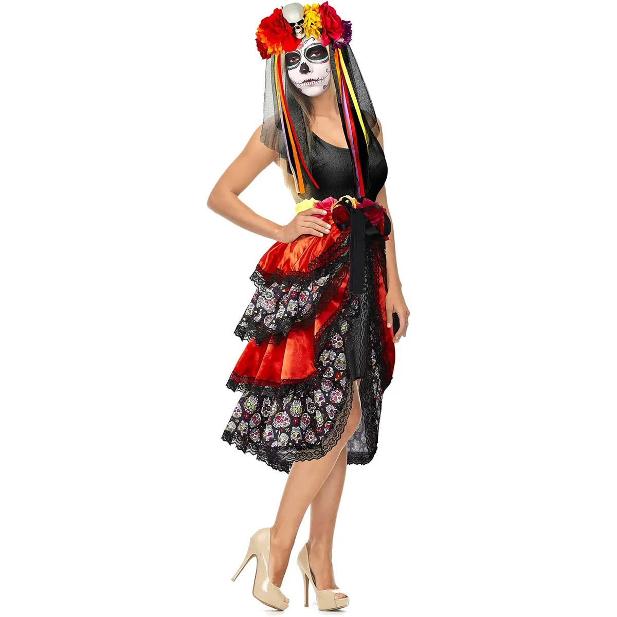 Women's Day Of Dead Spanish Lady Skull Costume With Flower Veil Headband