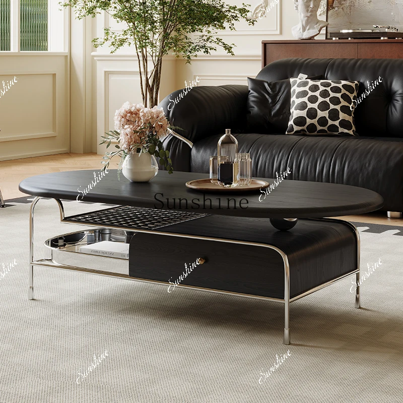 

French retro coffee table living room household small apartment oval stainless steel black tea tableP