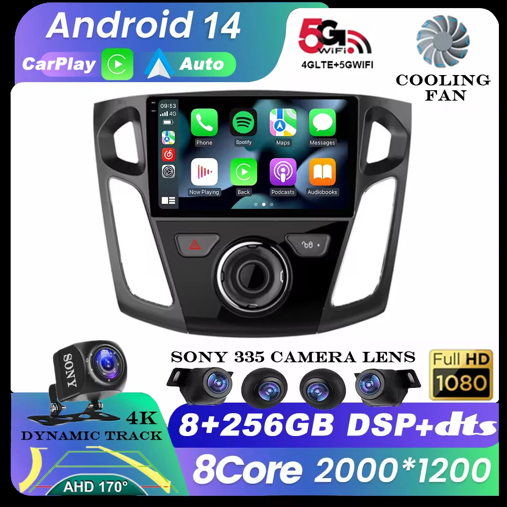 Leitor de vídeo multimídia para Ford Focus, Android 14, 2 Din Car Radio, Navegação GPS, Auto DVD Stereo, Carplay para Ford Focus 3 Mk 3 Salon 2012-2017