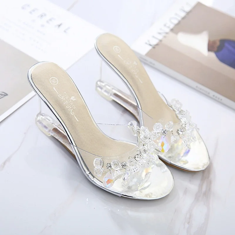 Women Crystal Slipper Wedges Sandals Female Sexy Transparent High Heels Rhinestone Womens Pumps Cute Slippers for Women Slides