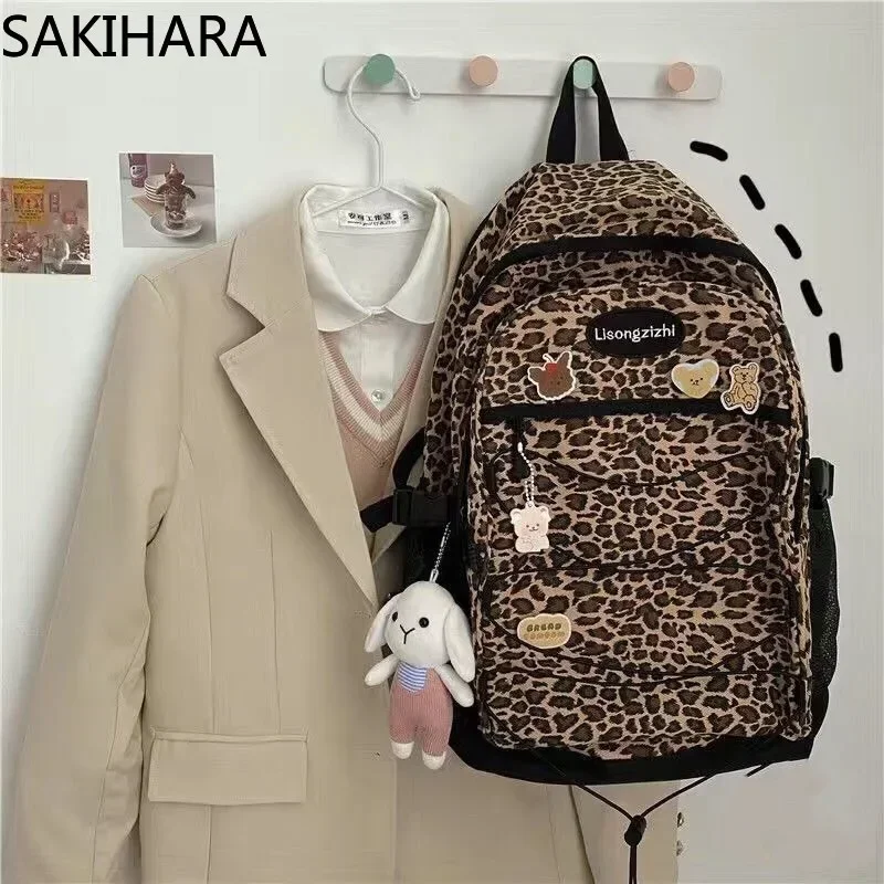 حقيبة ظهر Gothic Leopard All Match Y2k لطلاب الجامعات الكورية ذات سعة كبيرة كاجوال برباط مقاوم للماء من القماش Mochila