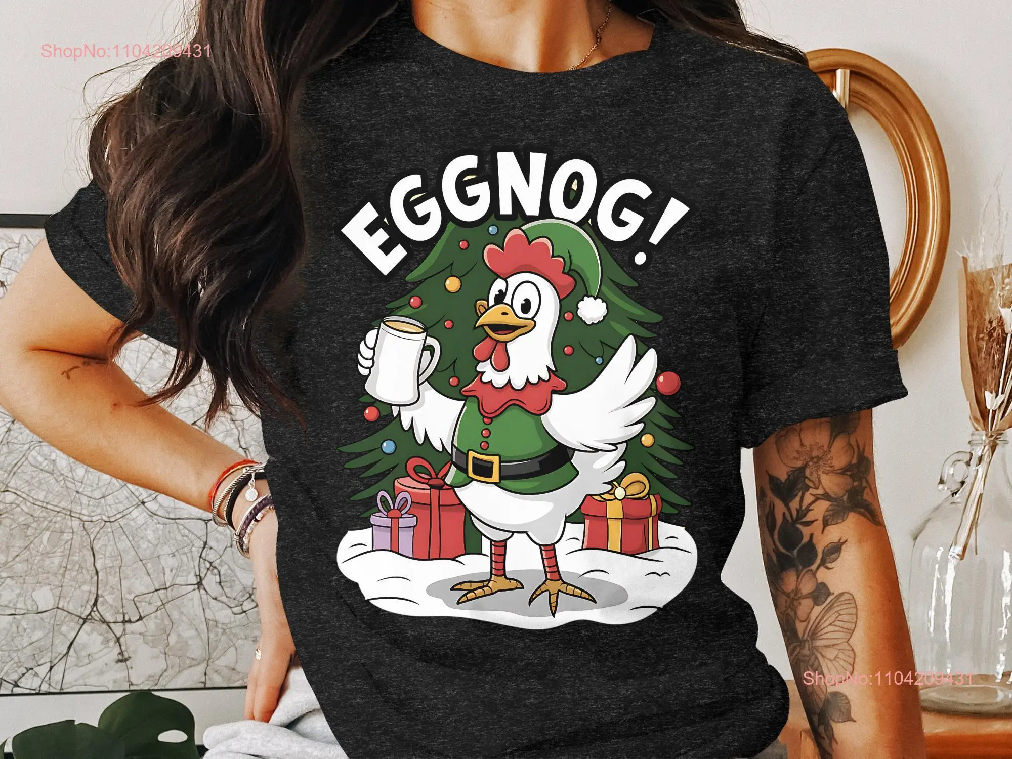 Fun Christmas Chicken Eggnog T Shirt Festive Holiday Cute Holding Mug Xmas s Under Tree long or short sleeves