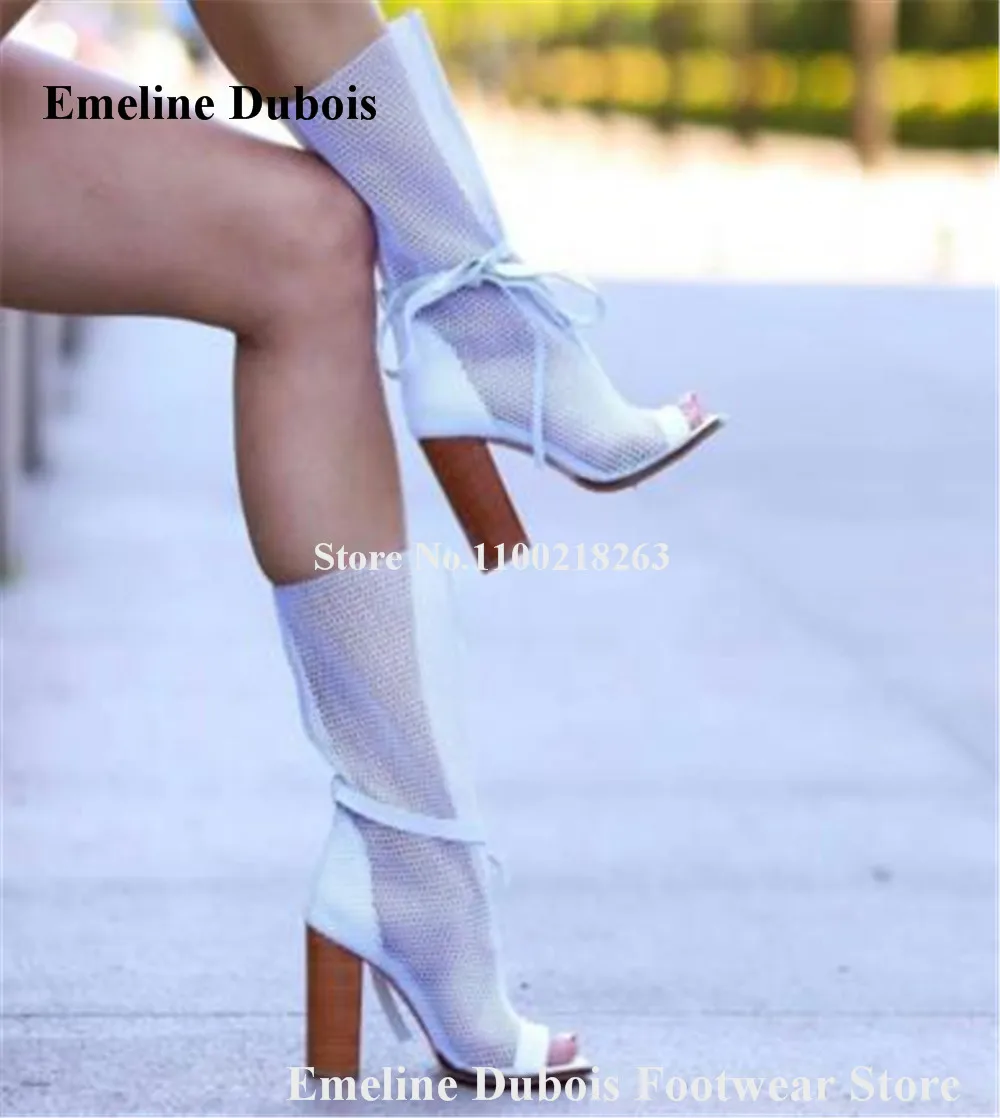 White Black Mesh Chunky Heel Short Boots Emeline Dubois Peep Toe Ankle Lace-up Thick Heel Sexy Ankle Booties Wedding Pumps