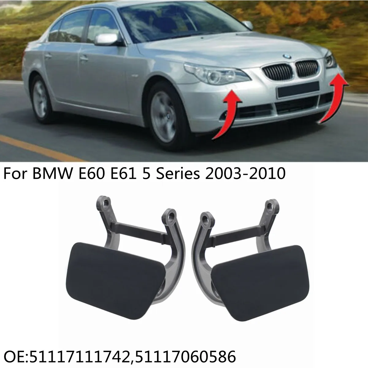 Pair Headlight Washer Nozzle Cover Cap + Lever For BMW 5 SERIES E60 E61 550i 528i 535i 525i 2003-2009 51117060585 51117060586