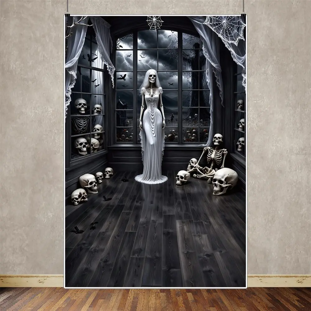 MOON.QG-Fondo de foto de esqueleto de Halloween, suelo de madera, ventana francesa, telaraña blanca, Calavera, cielo oscuro, accesorios de fotografía
